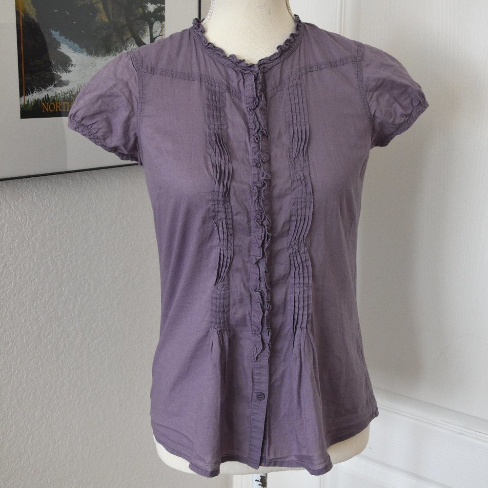 Eddie Bauer Lavender Purple Sheer Blouse with Pleats, Ruffles and Buttons